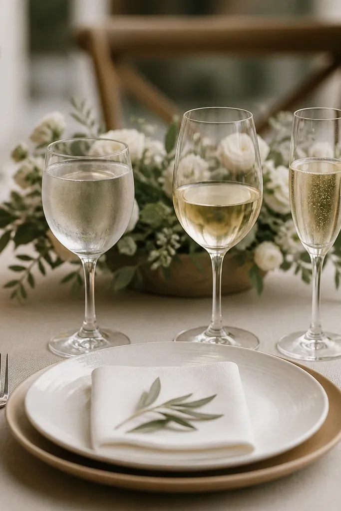 A table setting with three glasses above each plate: a water goblet at the far left, a white wine glass in the middle, and a champagne flute at the far right. The glasses have clear stems and sit evenly spaced. The centerpiece is low and doesn't interfere with the drink placement.