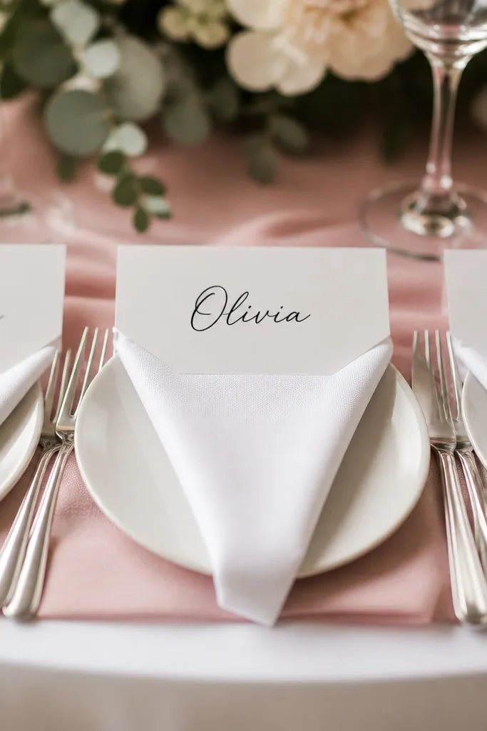 Close-up of place cards on a wedding table. Each card is a matte white rectangle with black script, placed slightly overlapping the folded napkin corner. The cards are aligned so the top edge sits level across the table. The table uses a soft blush table runner and silver cutlery.