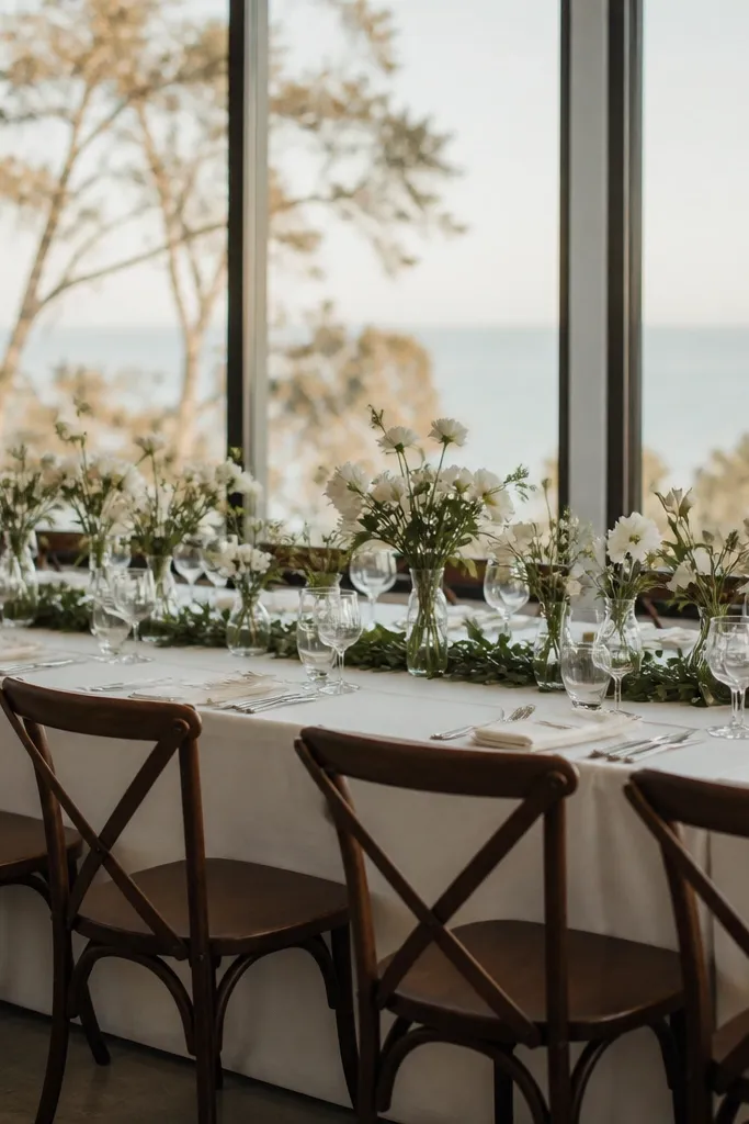 A long reception table with low floral arrangements in slim glass vases. The flowers sit low enough that guests' faces are visible across the table. Each vase is centered between place settings, and a thin strip of greenery runs along the base. Candles in hurricane glass sit near the ends.