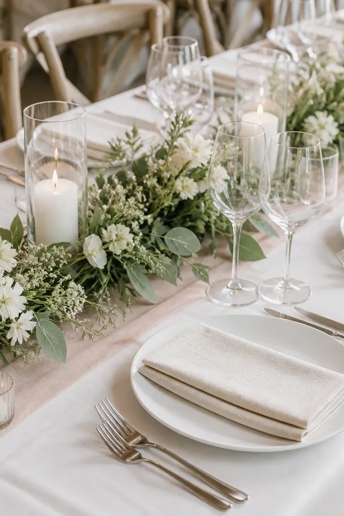A wedding table with a muted blush runner down the center. Napkins are ivory linen and fold is centered on each white plate. The cutlery is silver, and the centerpiece is greenery with small white flowers. The colors stay consistent across the table.