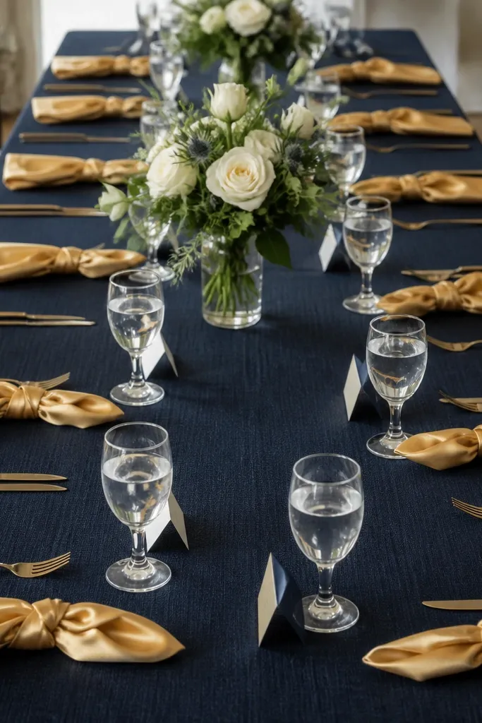A long table dressed in a deep navy runner with subtle weave texture. Each place has a folded gold satin napkin tied into a small knot at the center, gold-toned flatware arranged outward, and a clear water glass with a small navy-and-ivory place card tucked near the stem. No plates are visible.