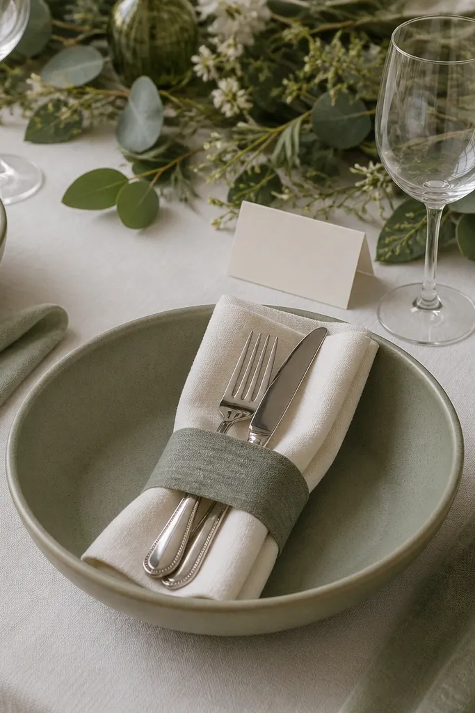 Each place setting has a shallow sage ceramic bowl centered where a plate would be, but it's empty. A folded cream napkin sits inside the bowl, and cutlery is wrapped with a thin sage linen strip. A clear wine glass and a small cream place card sit near the top.