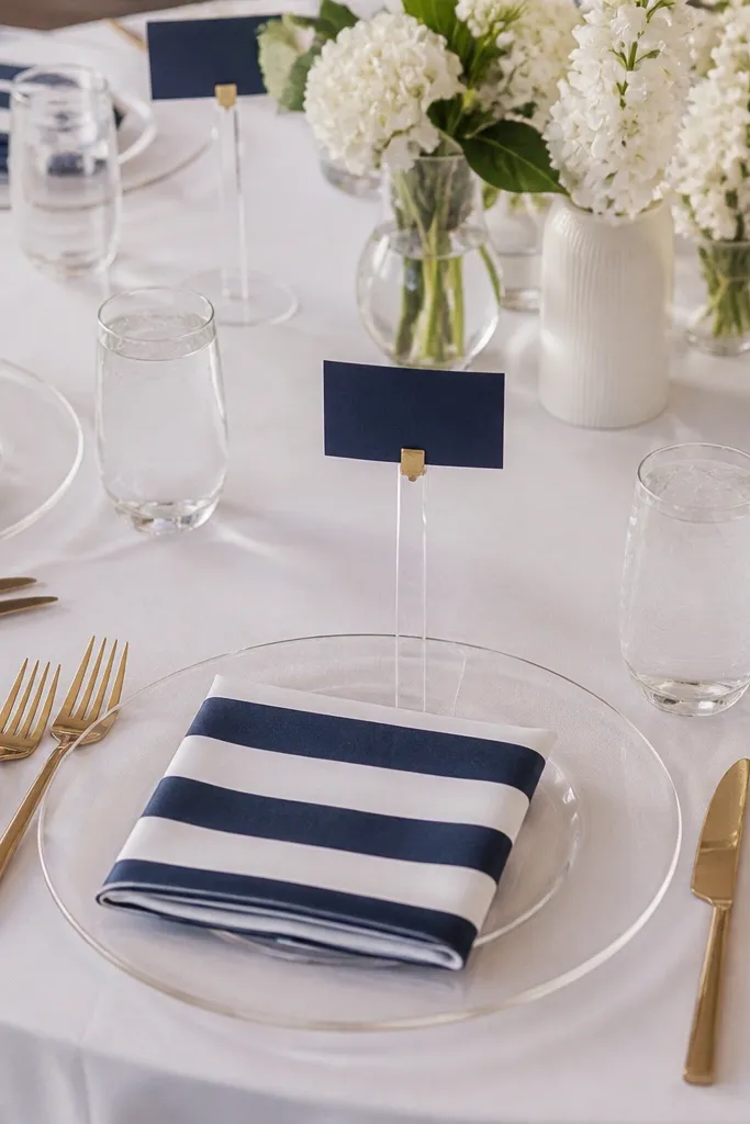 A table set with deep navy and white striped napkins centered on clear acrylic circles. Gold-toned flatware is placed around each circle. Clear water glasses sit at the top-right, and navy place cards are clipped to a thin acrylic stand.