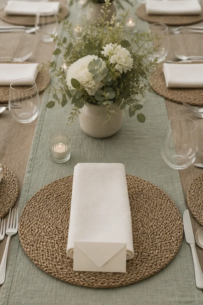 A sage linen runner with a woven jute circle under each place setting. Ivory napkins are folded into a tall rectangle, and soft silver flatware sits around. Small ivory envelope-style place cards are placed near the napkin base.