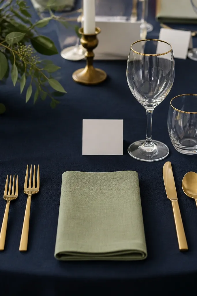 A dark navy tablecloth covers the table. Each place has a sage napkin folded flat in the center, with gold-rim glasses at the top. Gold flatware is placed neatly to the sides, and a small white place card with navy script sits near the glass.