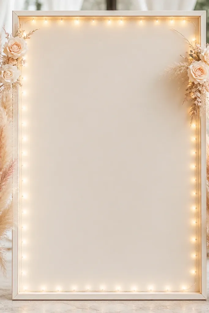 A cream rectangular framed welcome sign with white lettering. Warm tiny fairy lights outline the outer edge. Blush dried stems (like pampas and small blush grasses) sit on both sides, with a few pale blooms tucked near the top corners.