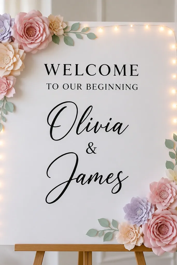 A white foam board welcome sign with pastel paper flowers in the corners. Micro LED lights form a subtle halo around the top and sides. The center text is large and black, with names in a slightly thicker script font.