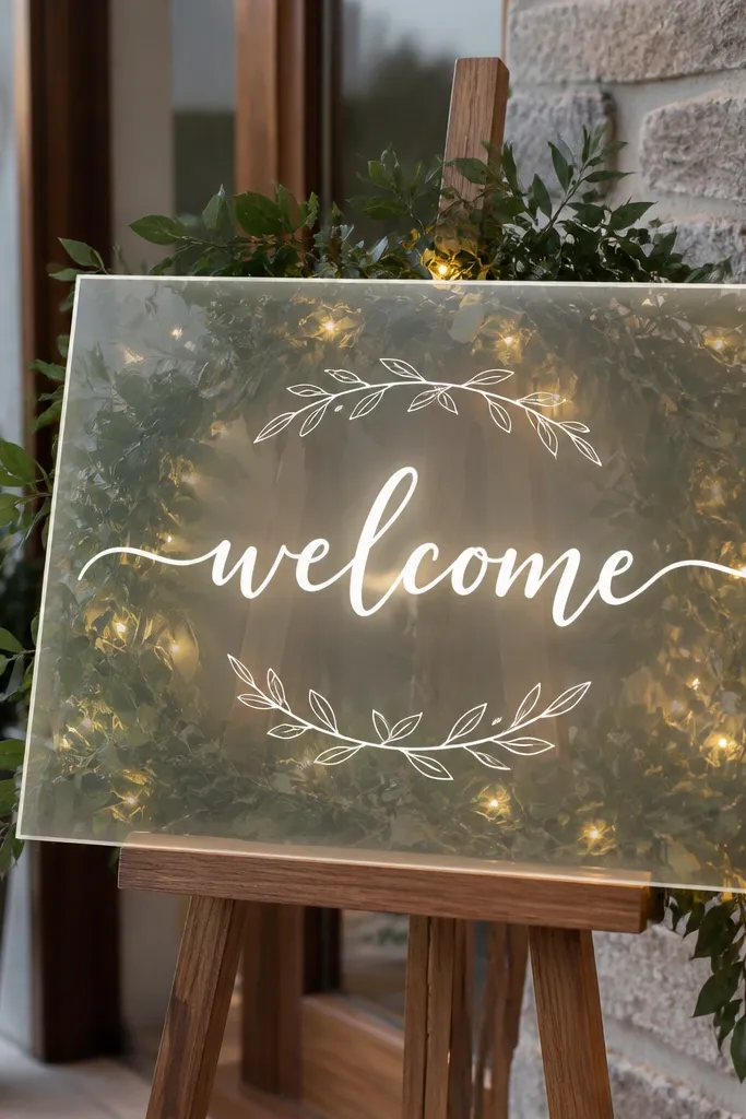 A translucent acrylic welcome sign with a greenery garland tucked behind it. Warm fairy lights glow softly through the acrylic. The lettering appears white and crisp against the glowing greenery outline.