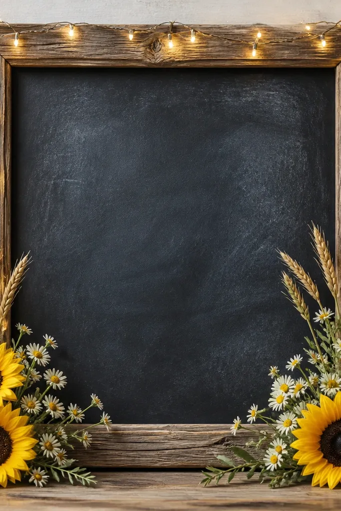 A dark chalkboard welcome sign with white chalk lettering. Twinkle lights wrap around a rustic wooden frame. Sunflowers and small daisies sit at the bottom corners, with a few wheat-like stems reaching upward.
