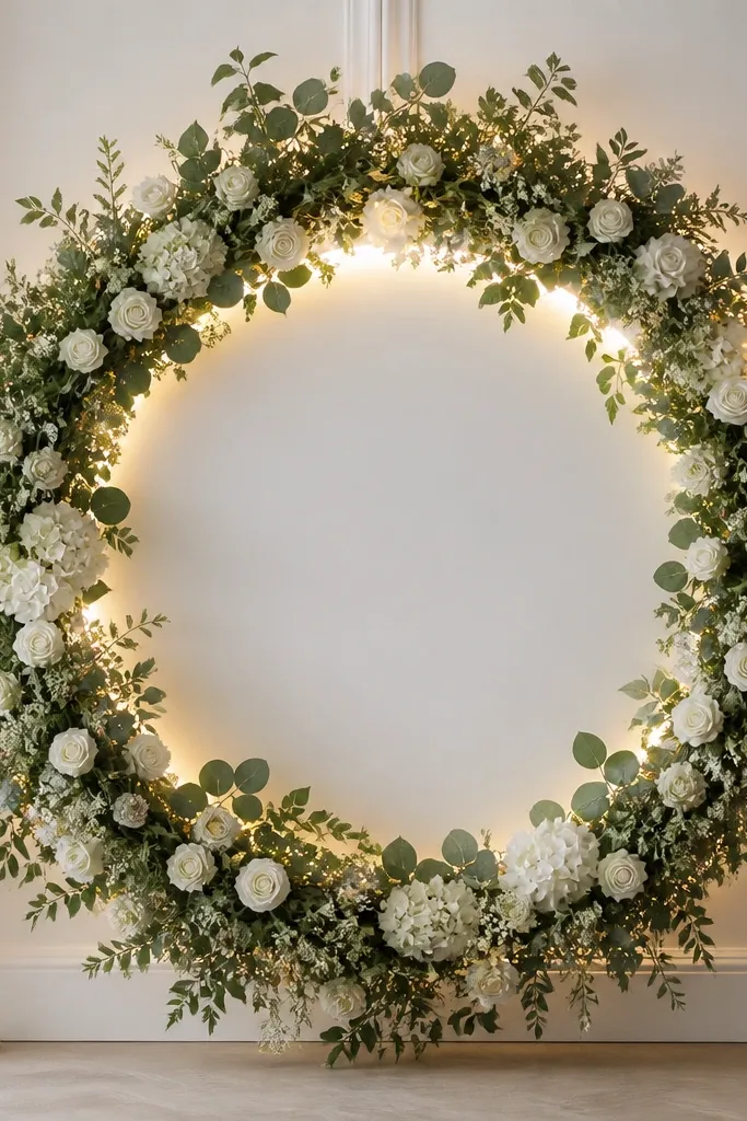 A large circular welcome sign made from a wreath of white flowers and greenery. A thin LED strip glows behind the wreath, creating a soft backlight. White lettering sits in the center on a small backing board.