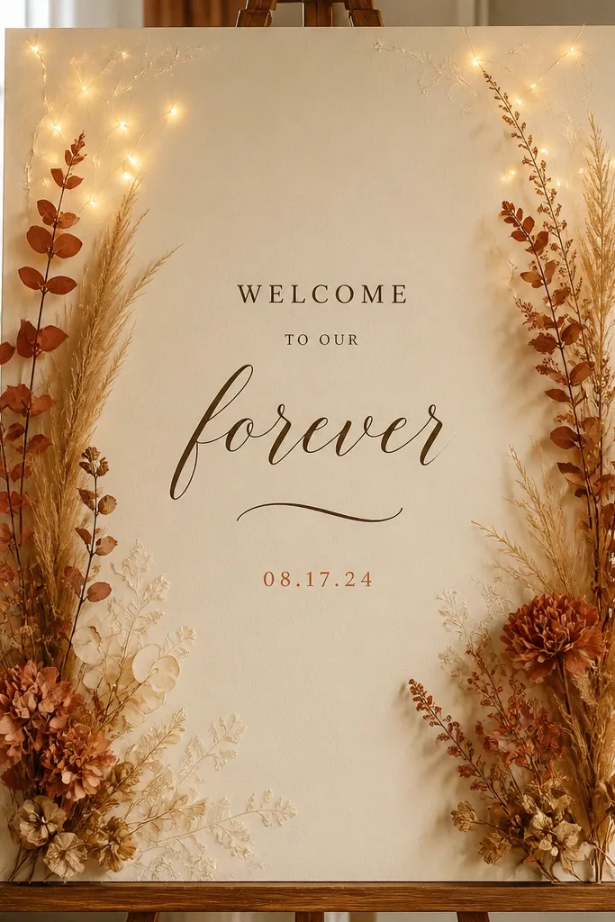 A cream welcome sign with terracotta-toned dried flowers and grasses along the sides. Small orange-tinted LED points sparkle near the top corners. The text is dark brown with a small terracotta date line.