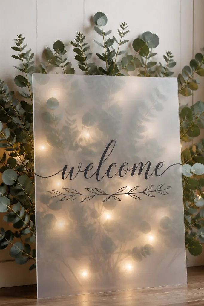 A welcome sign made with a layered fan of eucalyptus branches behind a semi-transparent vellum panel. White lights glow softly through the vellum. The text sits on the front vellum panel in darker ink.