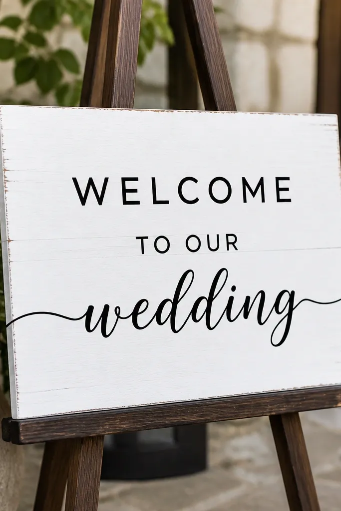 A DIY wedding welcome sign made from a small birch board painted white. Bold black vinyl lettering sits centered with a clean 1-inch empty border around the text. The vinyl edges look sharp and matte, and there's a simple dark wood easel in the background.