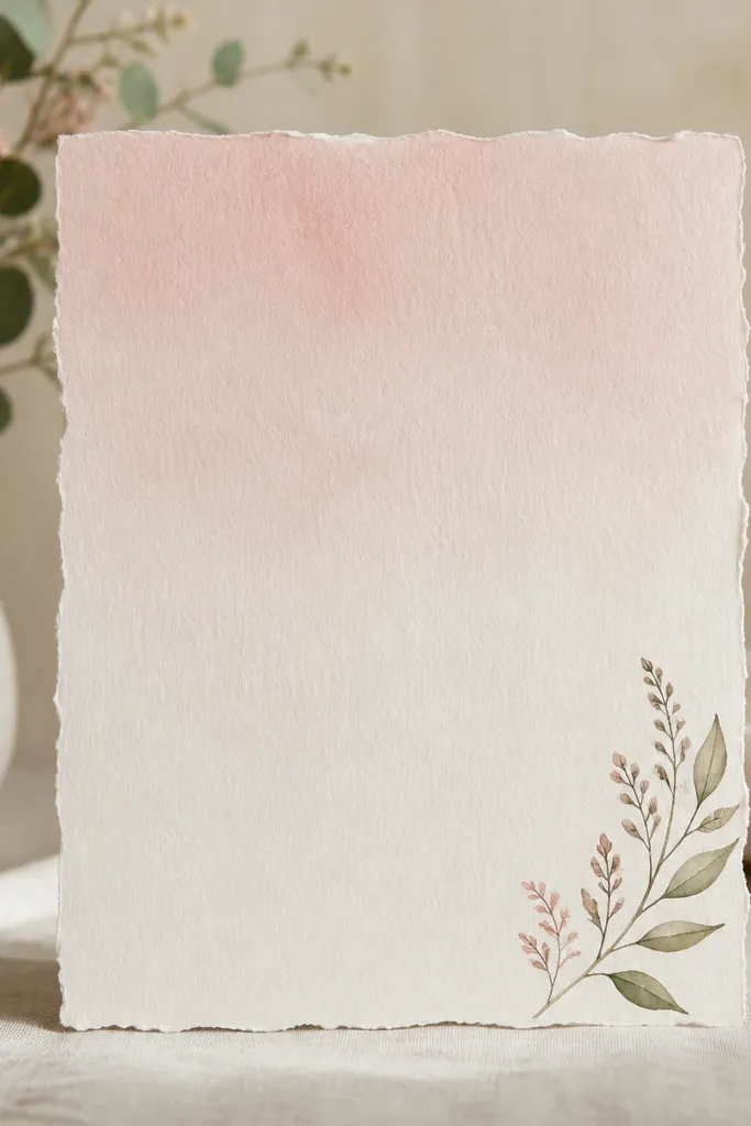 A welcome sign on thick cardstock with deckle-style torn edges. The background is a watercolor wash in blush pink fading into cream. The text is printed in dark gray sans-serif with crisp margins and a small botanical illustration corner.