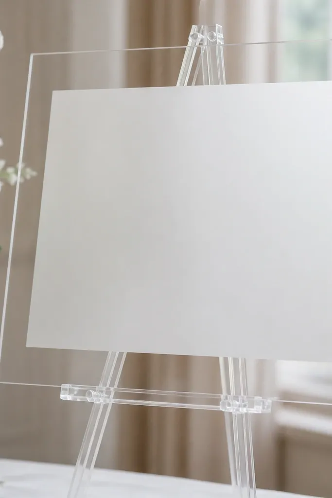 A clear acrylic welcome sign with a frosted white rectangle in the center. Vinyl lettering in black sits on the frosted panel, and the rest of the acrylic is transparent. The sign is mounted on a clear stand with visible edges.