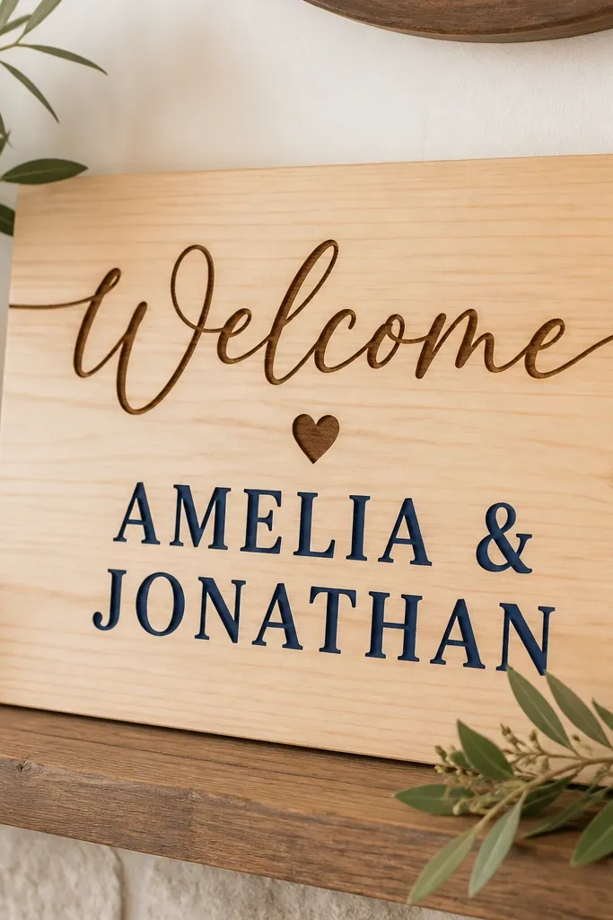 A light pine board with burned-in "Welcome" script in dark brown. The couple's names are painted in a solid navy block lettering style. The board has a clear matte finish and a small heart burned between lines.