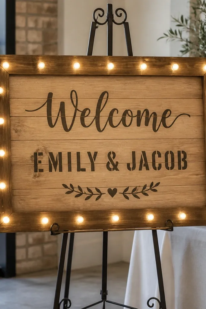 A large wooden frame with warm white LED marquee bulbs around the edges. Inside, a stencil-lettered "Welcome" and names appear in dark paint. The bulbs glow evenly, and the sign sits on a black metal easel.
