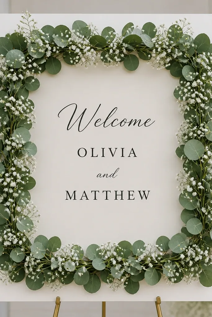 A white rectangular sign with a hand-built floral frame made from faux eucalyptus and small baby's breath sprigs. The center has a plain cream card with "Welcome" and the couple's names printed in black. The frame is symmetrical and the leaves look fresh.
