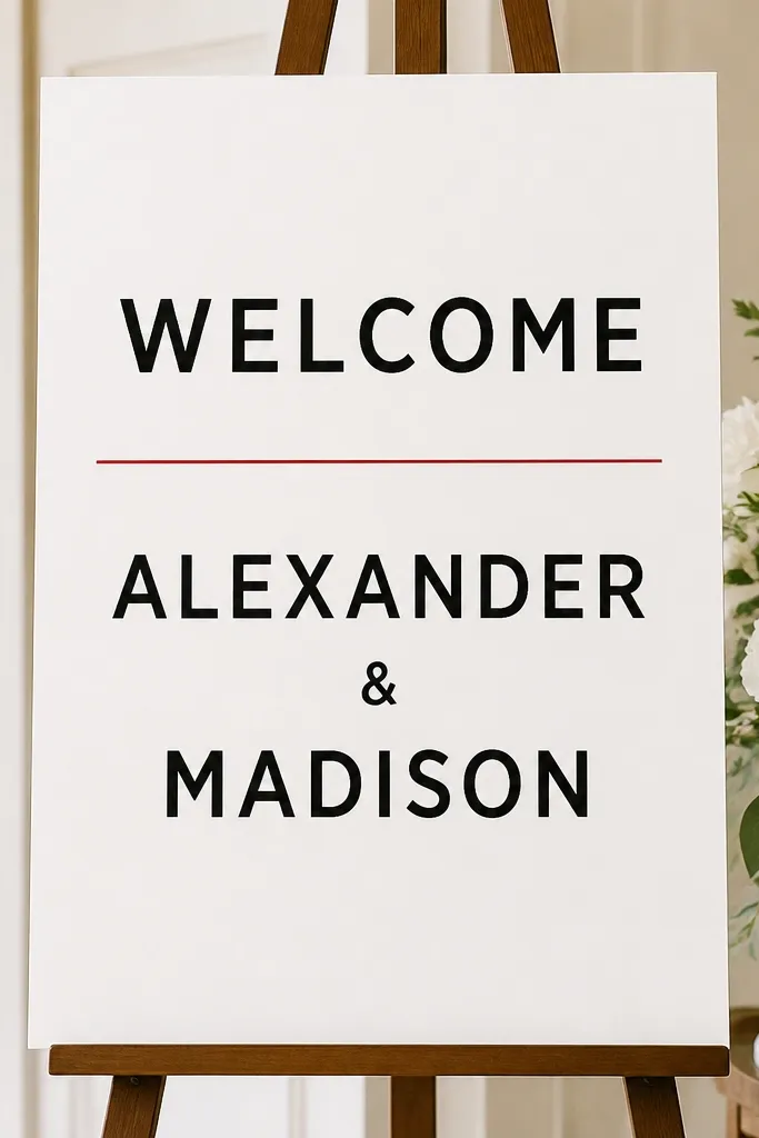 A simple white foam board sign with bold black text reading "Welcome" and the couple's names. A single thin red line separates sections. The typography is centered and clean, with straight edges and crisp alignment.