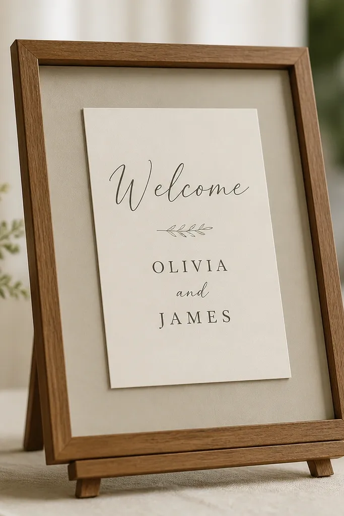 A wooden picture frame with a neutral matte backing. Inside, a printed cream insert card has "Welcome" and names in dark gray. The card looks like it can be swapped, and the frame sits on a table easel.