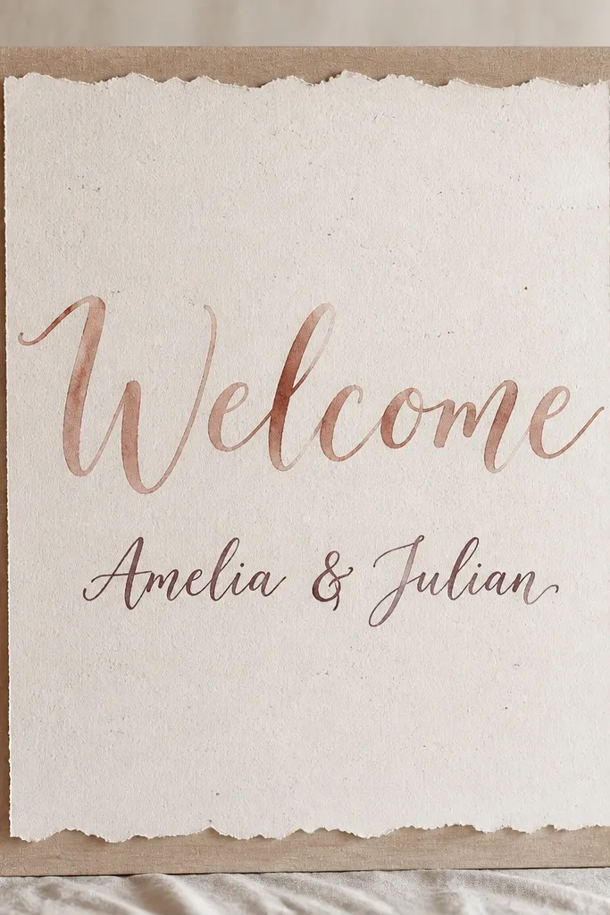 Cold press watercolor paper mounted on a board. "Welcome" is painted in loose watercolor lettering in muted rose and terracotta, with names in a darker wash underneath. The paper shows natural speckling and deckled edges at the top and bottom.
