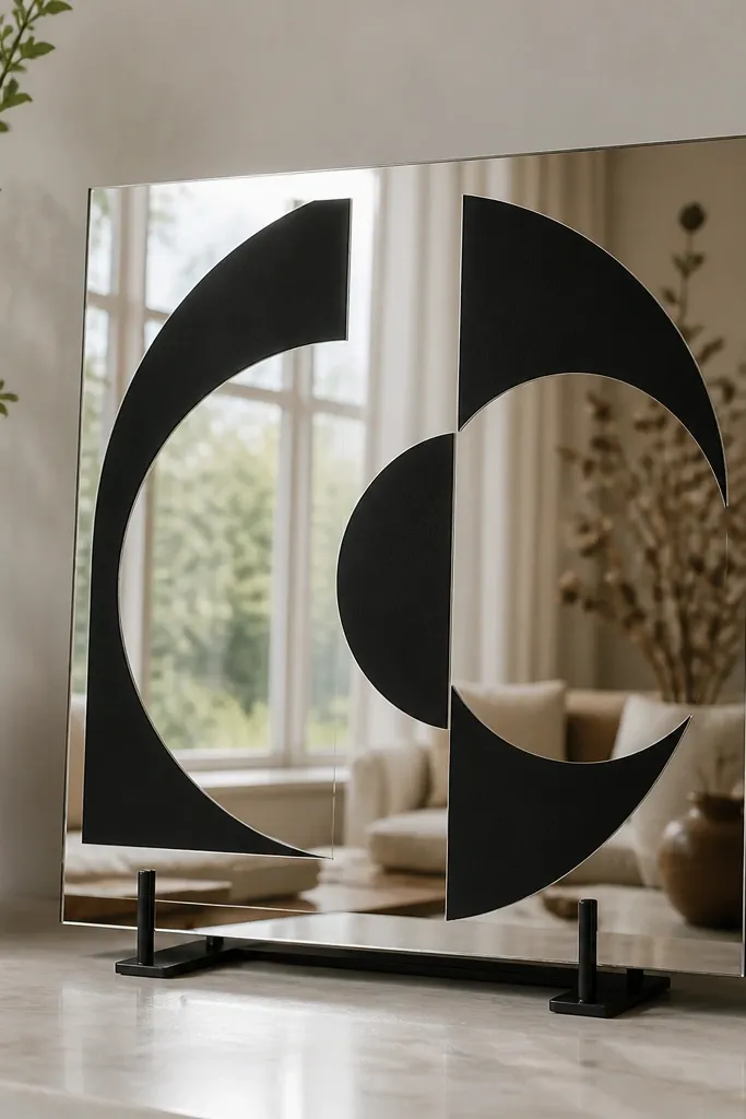 A mirror-like acrylic sign with a black backing board behind it. Black vinyl letters are cut and applied so the mirrored surface shows through around the text. The sign sits on a stand and reflects the room softly.