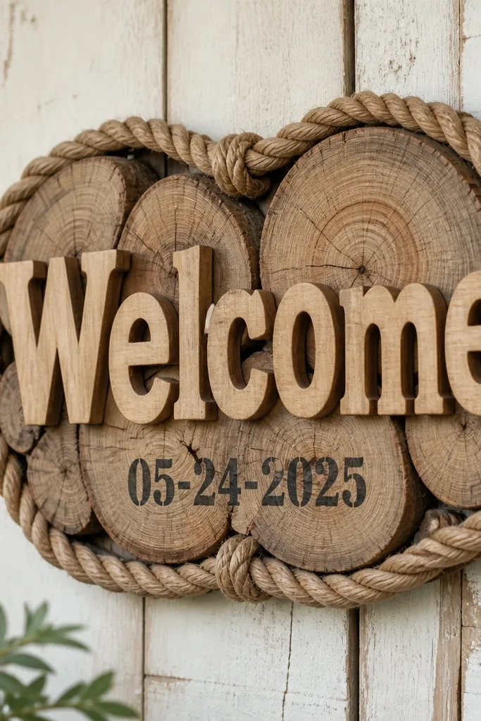 A rustic wooden sign made from stacked wood slices. A thick rope wraps around the design like a border, and "Welcome" is formed with individual wood letters. The date is stenciled in a darker paint underneath.
