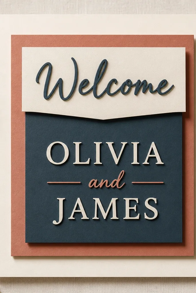 A sign built from layered colored cardstock blocks. "Welcome" sits on a cream card, names are on a darker block, and there's a visible shadow gap created by foam tape layers. The edges are sharp and the layout is centered.