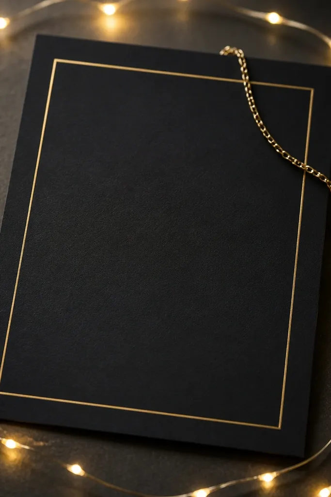 A matte black save the date card with gold lettering. Warm white LEDs are placed around the card on a dark surface, creating a soft ring of light. A thin gold chain is draped lightly across the card corner.