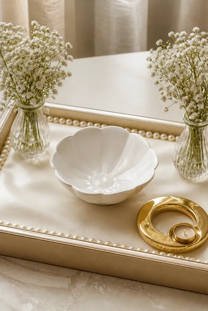 A rectangular tray with a cream satin runner. Around the runner edge are small pearl-look beads arranged like a tidy border. The center has a glossy white haldi bowl, two mini glass vases with baby's breath, and a gold ring-shaped diya holder.