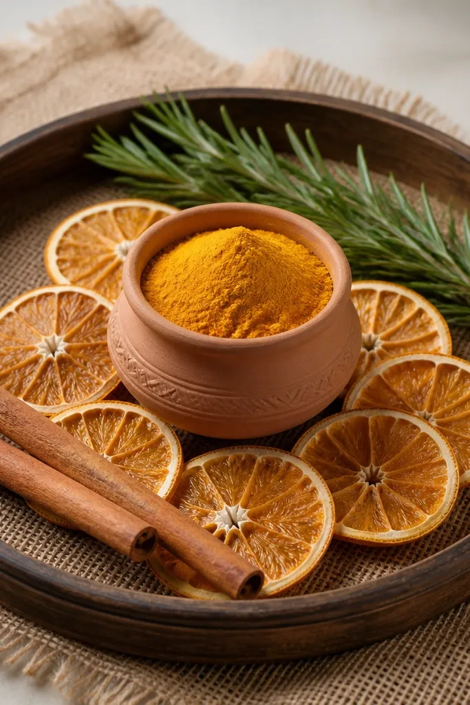 A burlap-lined tray with a small circle of dried orange slices around the center. A terracotta pot of haldi sits in the middle. There are two cinnamon sticks laid diagonally and a sprig of rosemary at the back.
