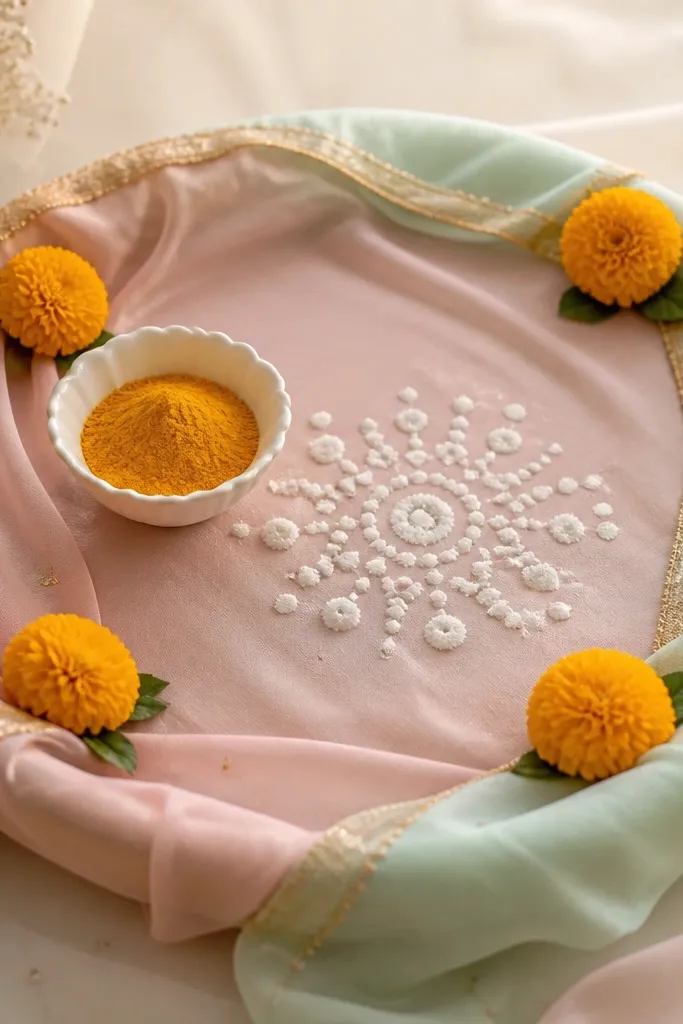 A round tray covered with a pastel dupatta in dusty pink and light mint. On top, a small rangoli-style dot pattern is made with white powder near the center. The haldi bowl is white, with tiny marigold buds placed at four corners.