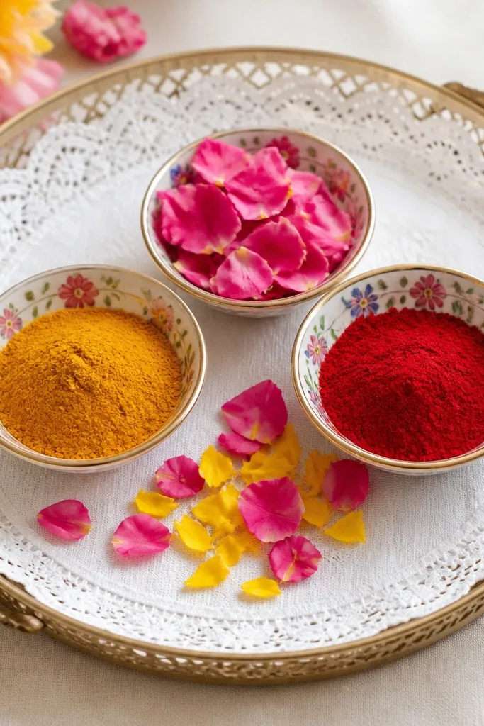 A round tray lined with white lace. Three small hand-painted bowls with floral motifs hold haldi, kumkum, and rose petals. Pink and yellow flower petals are scattered lightly near the center.
