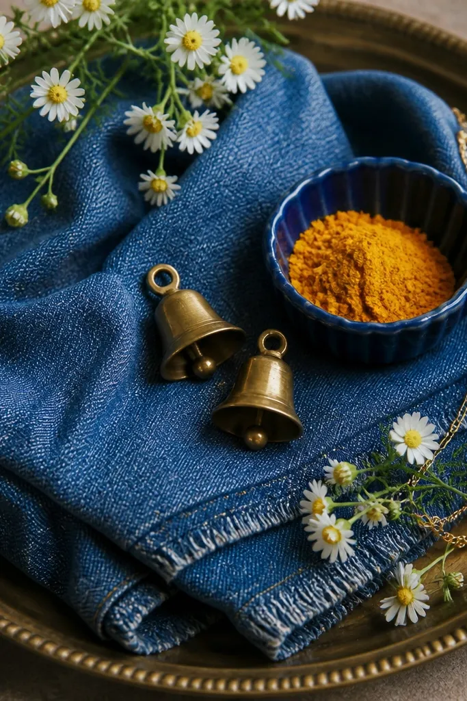 A tray lined with folded blue denim. Two tiny brass bells sit near the center, and a small blue ceramic bowl holds turmeric. There are small white daisy-like flowers and a thin gold chain draped along the tray edge.