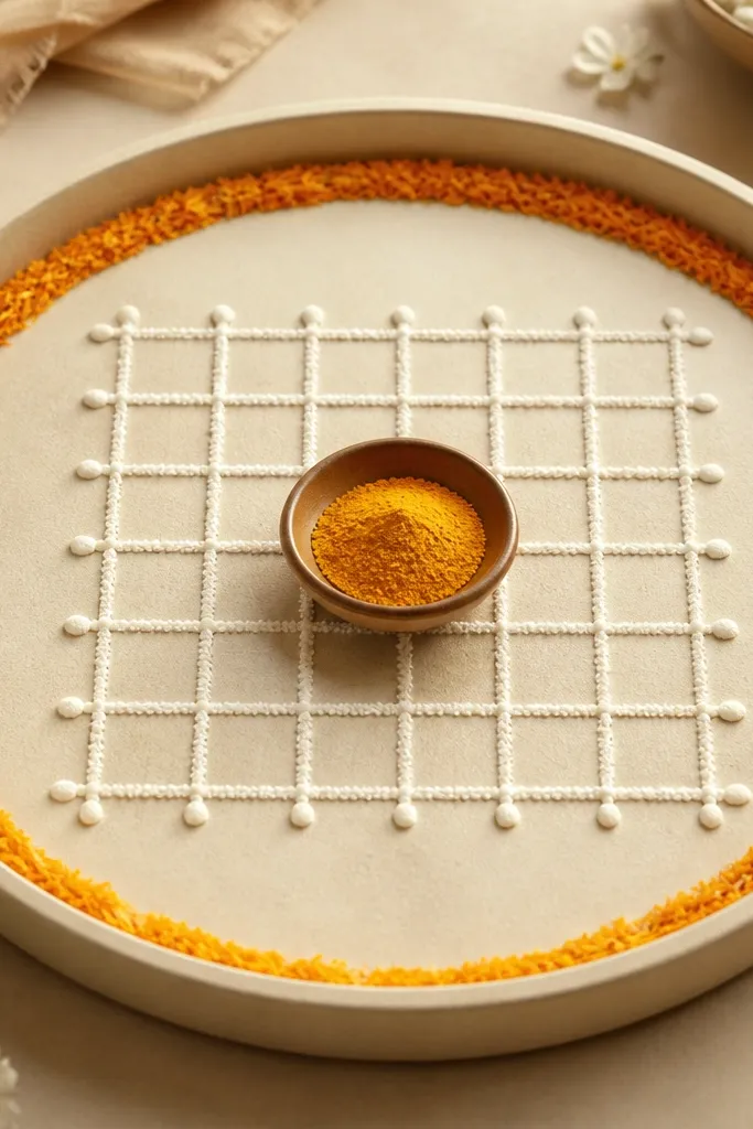 A tray with a light cream base. In the center is a grid pattern made with rice powder dots and lines. The haldi bowl sits inside the grid, and small marigold petals line the outer border in a thin strip.