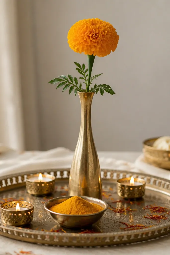 A slim vase holds one long marigold stem in the center. The haldi bowl sits low in front. Around the tray are small tea-light holders and scattered saffron threads.