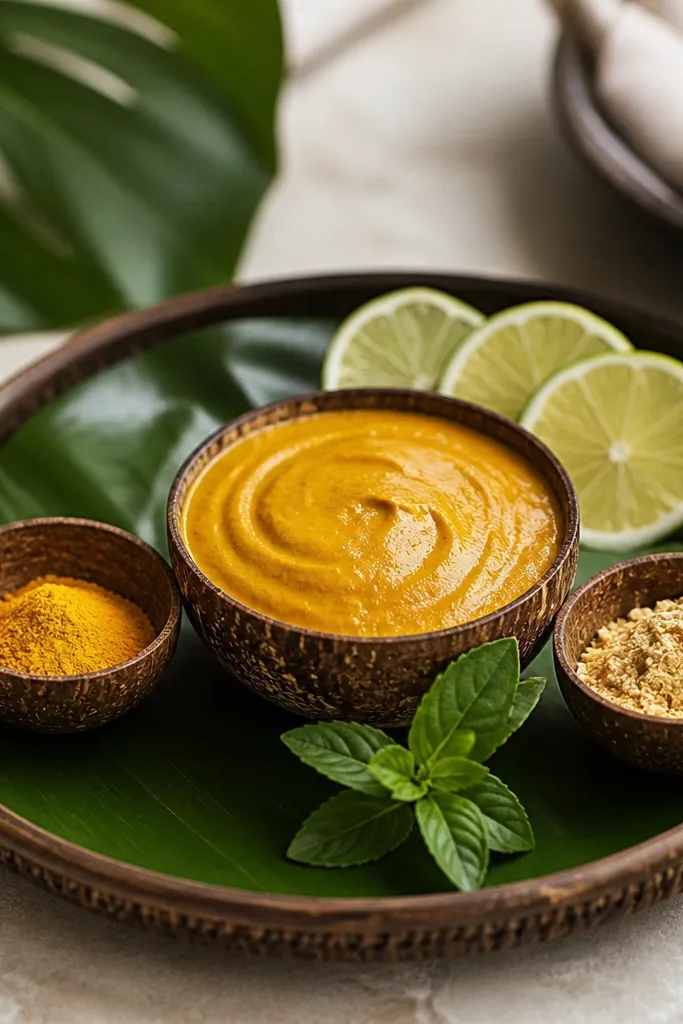 A round tray lined with green tropical leaves. Two tiny coconut-shell bowls flank a larger haldi bowl. There are lime slices at the back and a small sprig of basil.