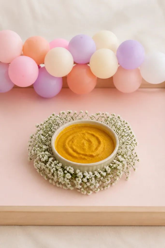 A tray with a light pink base. At the back edge, a tiny pastel balloon garland is taped to the tray frame. The haldi bowl sits in front with a small white flower crown around it.