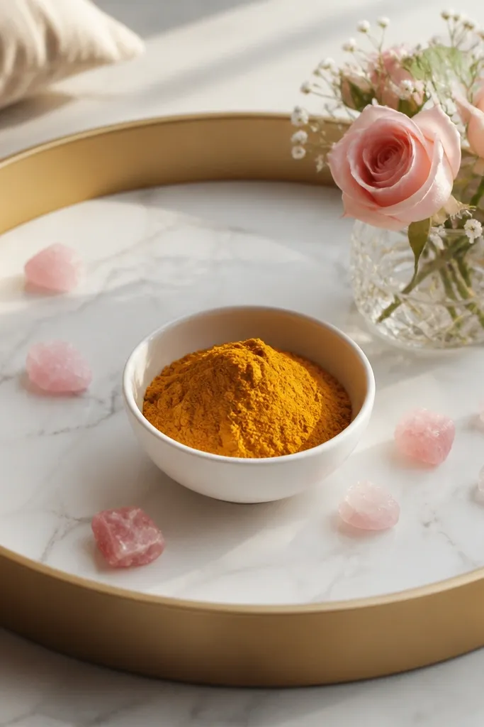 A tray with a white marble-effect sheet. The haldi bowl is white ceramic. Small rose quartz stones sit around the bowl, and a tiny rose flower arrangement is placed at the back right.