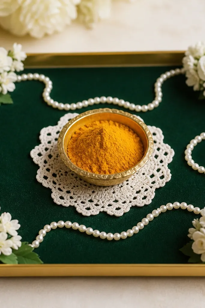 A green velvet tray base with a white pearl-like bead trail. The haldi bowl is centered in a small white doily. Small white artificial flowers sit at the corners.