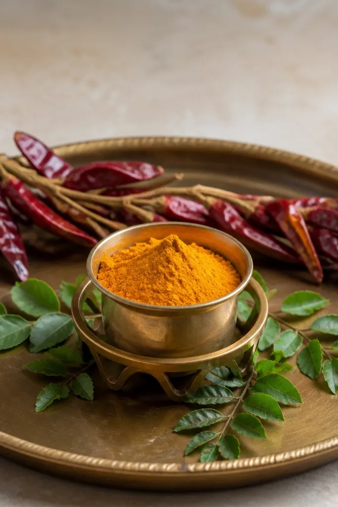 A tray with a brass rim. A string of dried red chilies is placed along the back edge. The haldi bowl is in a brass stand in the center with small green leaves around it.