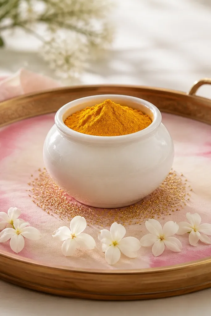A tray with a pink watercolor-style fabric runner. The haldi pot is white and centered. Tiny gold specks are placed around the pot base, and a few small white flowers line the front edge.