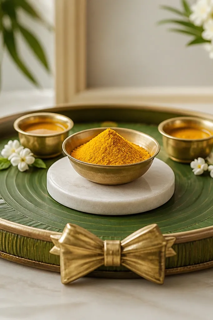 A tray lined with a green banana stem slice-like mat. A brass bow sits at the front center. The haldi bowl is on a small white platform, with two mini brass bowls behind it.