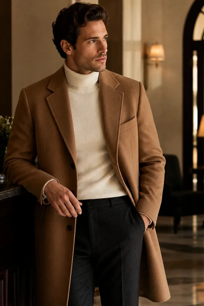 A camel overcoat with a wide notch lapel over a cream ribbed turtleneck, paired with dark charcoal trousers. The scene looks like a small hotel lobby with warm lamps, and the coat collar sits neatly against the neck.