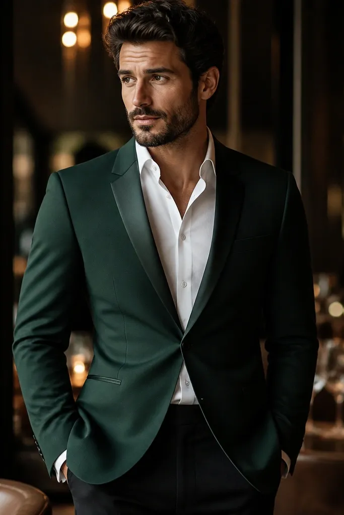 A forest green tailored suit jacket with a subtle satin sheen on the lapels, worn with a white shirt and dark trousers. The photo background is a dim restaurant with warm lights and soft bokeh.