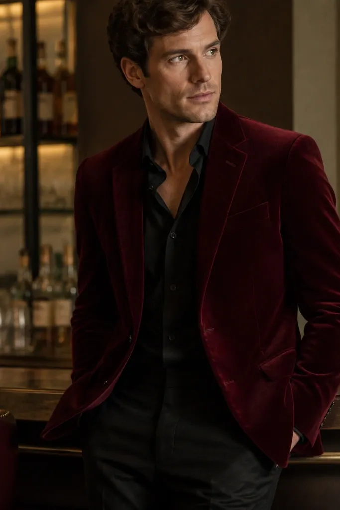A burgundy velvet blazer with a smooth, plush texture, paired with black trousers. The photo shows warm indoor lighting with a bar backdrop and soft shadows.