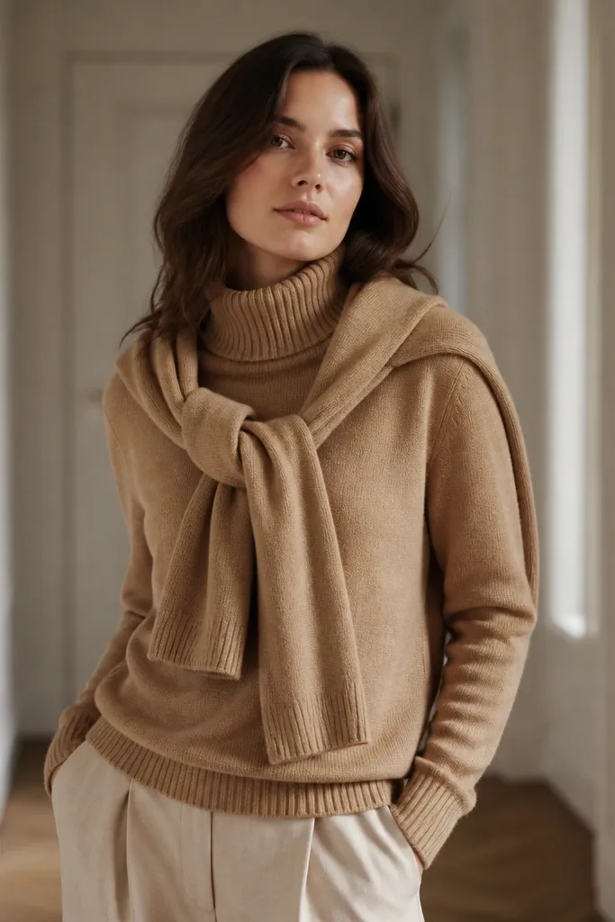 A camel turtleneck sweater with a matching knit scarf laid across the shoulders. The background is a quiet indoor hallway with soft light.