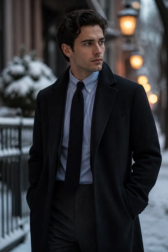 A light blue oxford shirt under a dark knit tie, layered with a long overcoat. The photo background is a winter street with soft streetlight glow.
