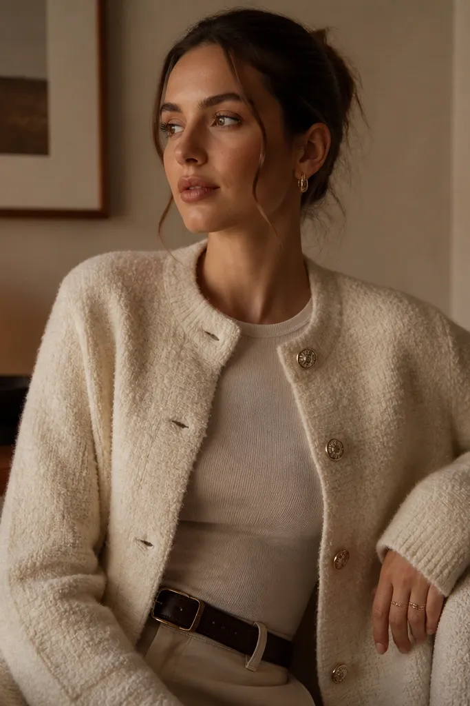 A cream boucle cardigan worn over a fitted top in a neutral shade. The image has a cozy interior feel with soft shadows and a warm lamp.