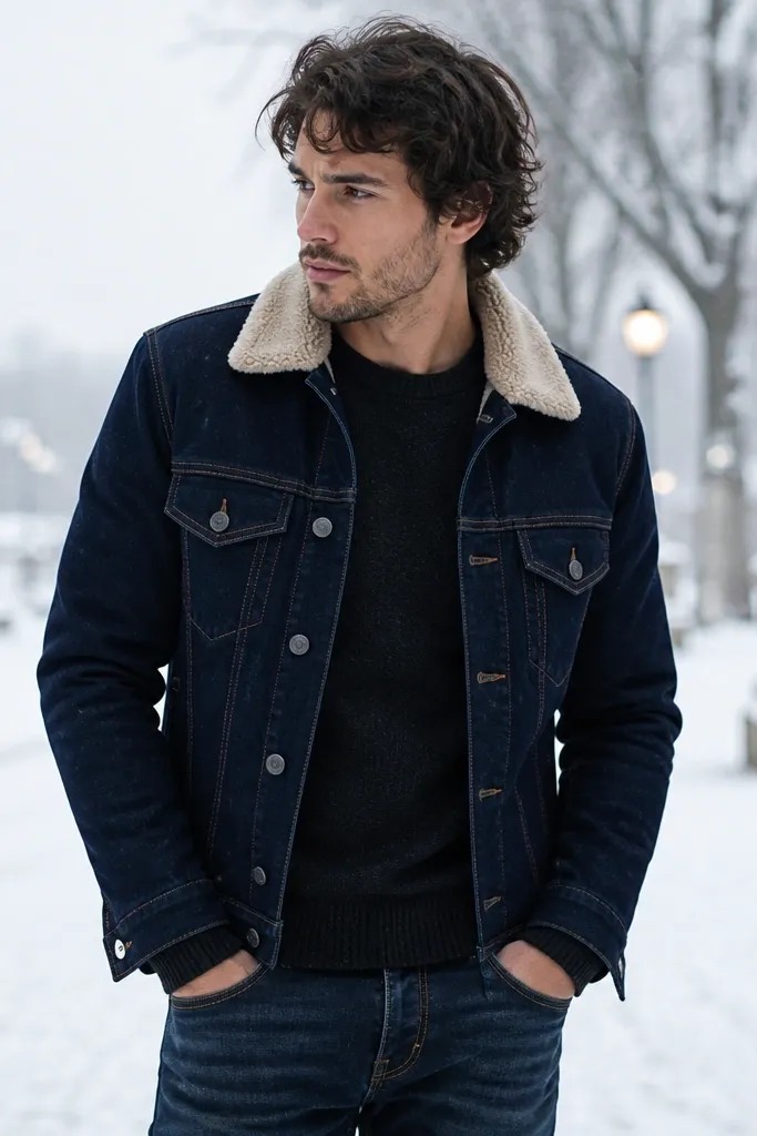 A dark indigo denim jacket with a shearling collar, worn with a dark sweater and jeans. The background is a snowy outdoor setting with streetlights.